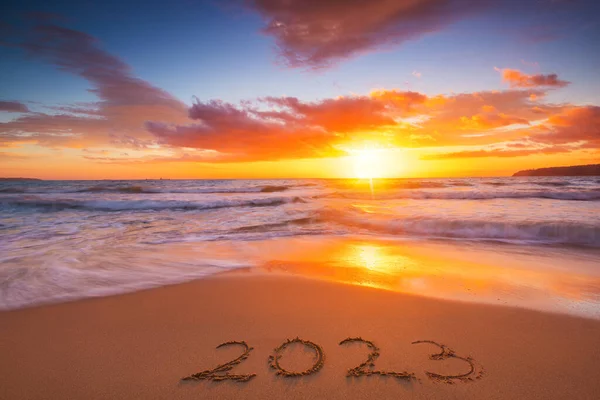 Feliz Año Nuevo 2023 Viaje Concepto Estilo Vida Texto Escrito — Foto de Stock