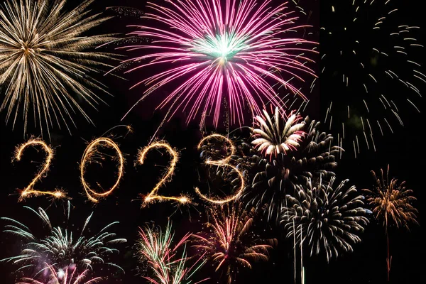 2023 Happy New Year Firework Banner Sparks Fireworks Sparklers Black — Stock Photo, Image