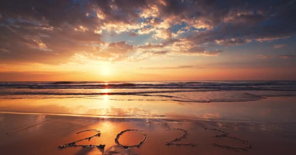 Frohes Neues Jahr 2023 Text Sand Sonnenaufgang Strand Golsener Sonnenuntergang — Stockvideo