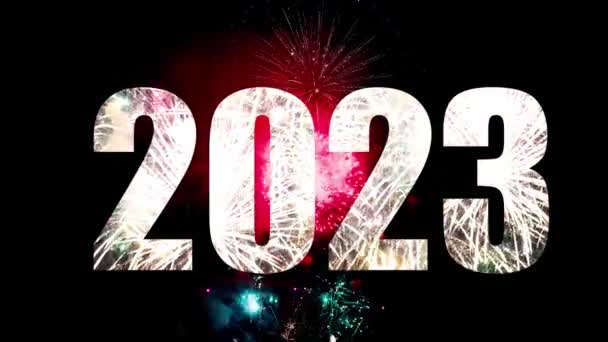 Szczęśliwego Nowego Roku 2023 Sezonowe Tło Iluminacji Fajerwerków Nocnym Niebie — Wideo stockowe