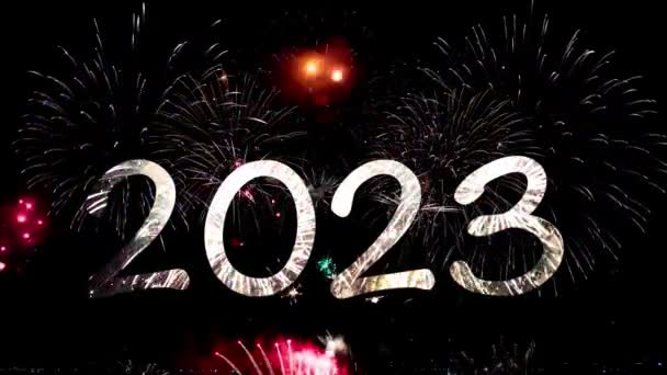 Gelukkig Nieuwjaar 2023 Seizoensgebonden Achtergrond Van Vuurwerk Verlichting Middernacht Hemel — Stockvideo