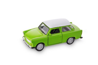 Retro car, miniature collectible vintage toy, isolated on white background