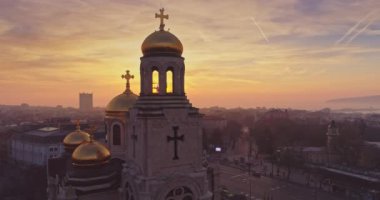 Varna city, Bulgaria 4k video, Scenic aerial panoramic view of the Cathedral of Assumption and city downtown