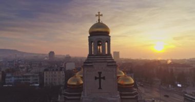 Varna city, Bulgaria 4k video, Scenic aerial panoramic view of the Cathedral of Assumption and city downtown