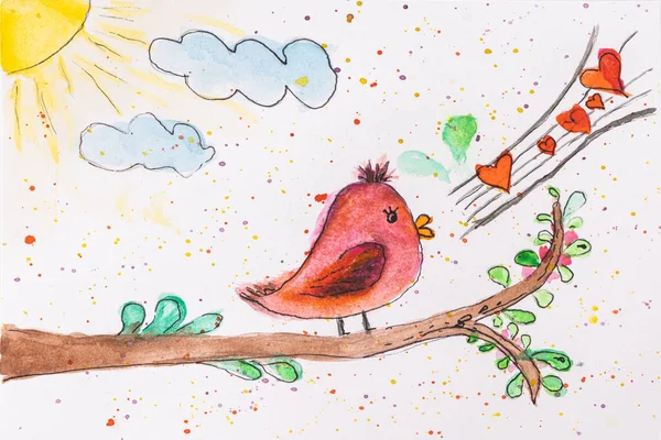 Aquarelle Suluboya Boyanmış Bahar Ağacı Aşk Şarkısı Söyleyen Küçük Kuş — Stok fotoğraf