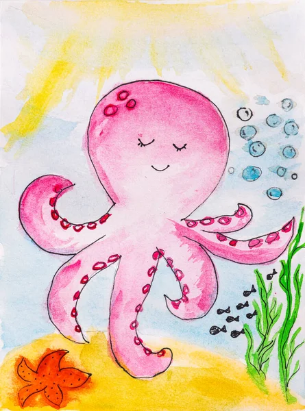 Aquarelle Watercolor Painting Cute Octopus Deep Sea Sun Rays Water — 图库照片