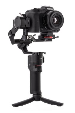 Varna, Bulgaria - February 17,2023: Canon R5 and DJI Ronin 3 mini is Three-Axis Motorized Gimbal Stabilizer for DSLR or Mirrorless Cameras manufactured by DJI company ,isolated on white.