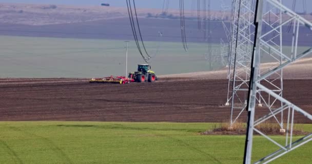 Farmer Tractor Roller Tillage Working Fresh Green Spring Field Video — Stock Video