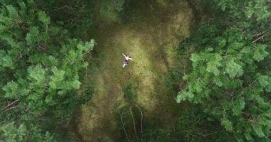 Bulgaria, beautiful green forest aerial top view of trees and bulgarian girl, woman in folklore dress laying on a morning spring grass, 4k video