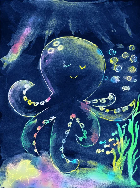 Aquarelle watercolor painting of cute octopus in a deep sea with sun rays in water painting on canvas