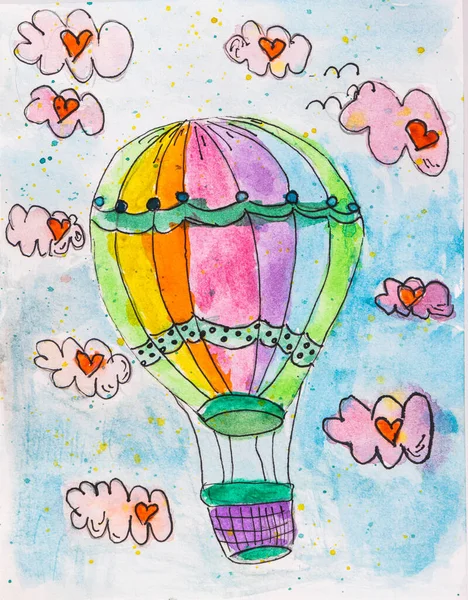 Aquarelle watercolor painting of spring sky clouds with love hearts and flying colorful hot air balloon