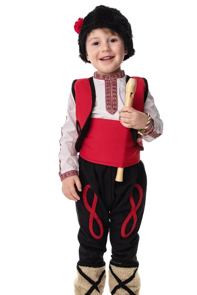 伝統的な民族衣装 マルテニツァと木製のフルート ブルガリアの少年 — ストック写真