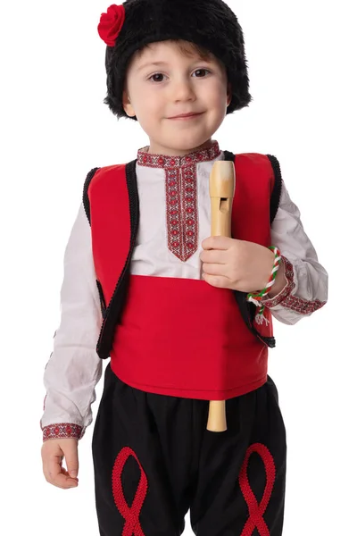 Bulgarian Boy Traditional Ethnic Folklore Costume Martenitsa Wooden Flute Bulgaria — стокове фото