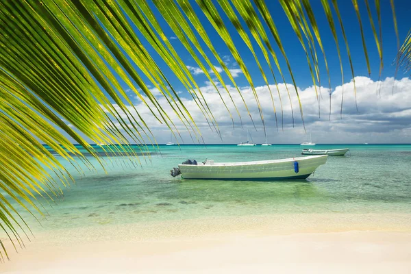 Красиве Карибське Море Човен Березі Екзотичного Тропічного Острова Панорамний Вид — стокове фото