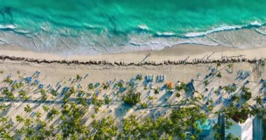 Tropikal okyanus plajı ve Karayip Denizi üzerinde gün doğumu. Playa Bavaro, Punta Cana, Dominik Cumhuriyeti 4k video görüntüsü