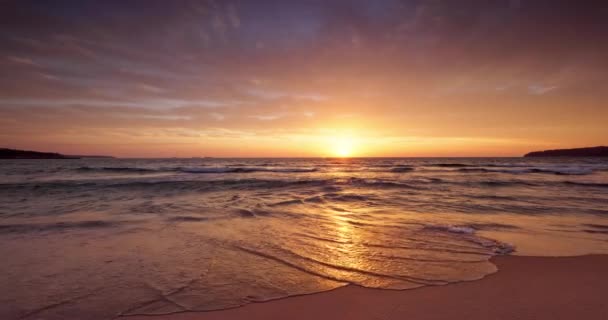 砂と海の上に黄金の太陽光線と熱帯のビーチの日の出 — ストック動画