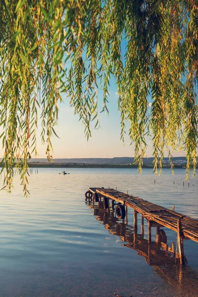 Sunset Sea Lake Old Wooden Pier Romantic Travel Destination Nature — Stockfoto
