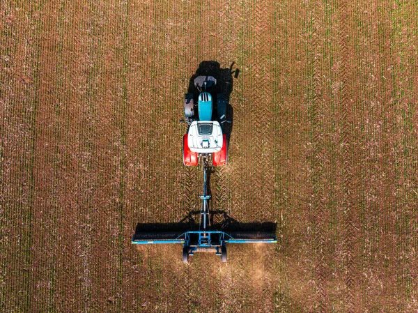 Tractor Roller Tillage Spring Field Aerial View Soil Rolling Supports — Stock Photo, Image