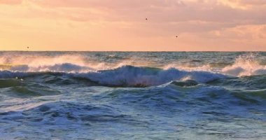 Deniz suyunda manzaralı bir sabah. Büyük dalgalar okyanusta kıyıya ve sahile doğru sıçrayıp yuvarlanıyor.