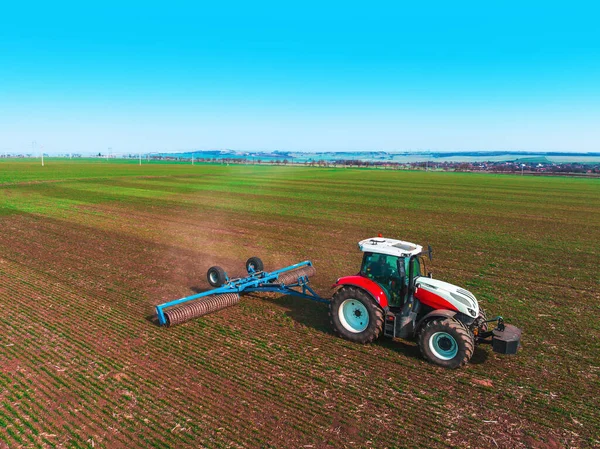 Tractor Agricultural Field Aerial View Soil Rolling Agronomy Tractor — Stock Photo, Image