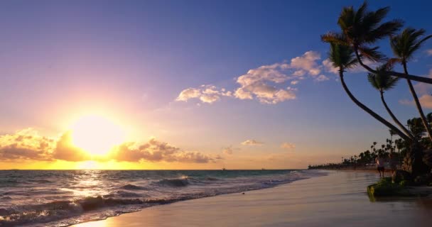 多米尼加共和国多米尼克纳Punta Cana热带加勒比海和海滩度假胜地的日出航景 — 图库视频影像