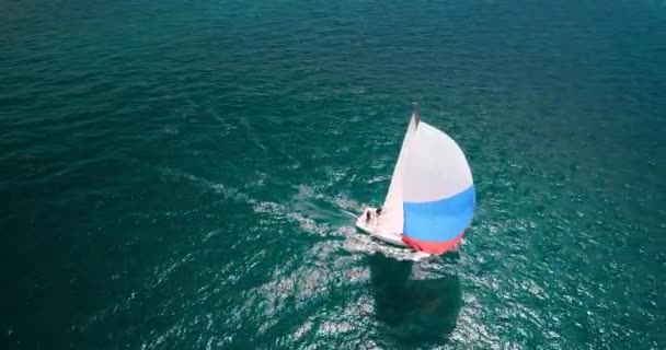 Flygdrönare Video Segelbåt Eller Segelbåt Klara Havsvågor Segling Konkurrens — Stockvideo