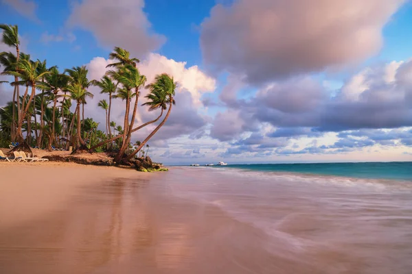 熱帯の島のビーチのヤシの木が夕日や日の出に劇的な雲と熱帯カリブ海 — ストック写真