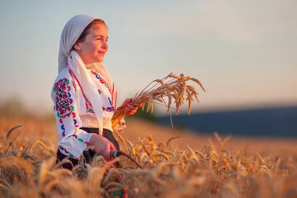 Sklizeň Pšenice Pyšná Bulharská Dívka Pracující Poli Tradičních Etnických Folklórních — Stock fotografie