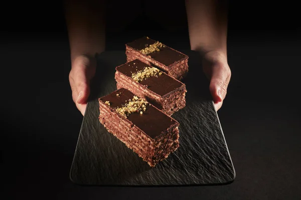 Chocolate Cake Walnuts Pistachio Isolated Black Background Pastry Homemade Bakery — Stock Photo, Image
