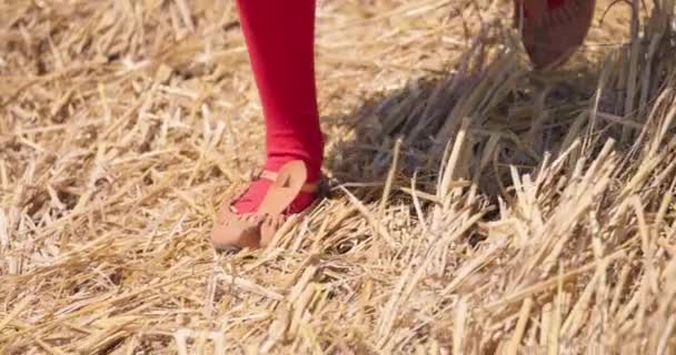 Bulgaars Meisje Traditionele Etnische Folklore Lederen Schoenen Lopen Een Geoogste — Stockvideo