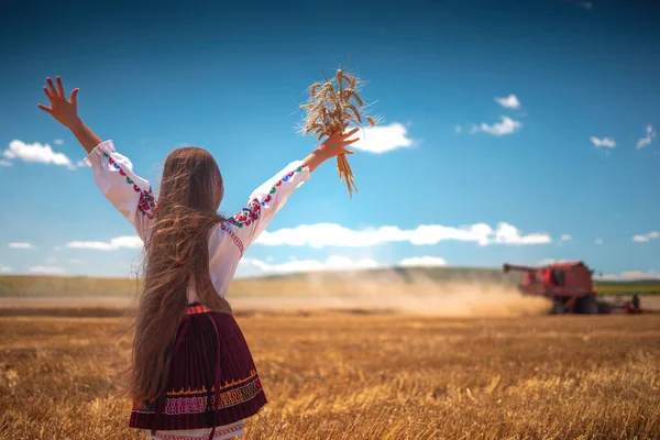 Νεαρή Κοπέλα Παραδοσιακή Βουλγαρική Λαϊκή Φορεσιά Στο Χωράφι Σιτάρι Κατά — Φωτογραφία Αρχείου