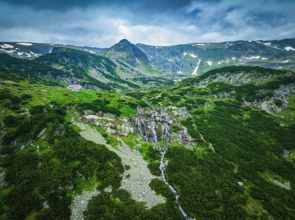 Aerial Panoramic View Seven Rila Lakes Waterfalls Nature Mountain Range — Stock Photo, Image
