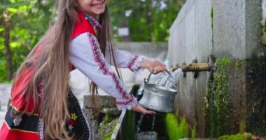 Geleneksel folklor kıyafeti giymiş Bulgar kız, Bulgaristan 'daki eski taş musluğu veya çeşmeden su döken etnik Slav kıyafetleri. Bulgaristan 'da kültür, gelenek ve yaşam tarzı