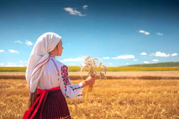 Girl Traditional Ethnic Folklore Costume Bulgarian Embroidery Standing Harvest Golden — Stock Photo, Image