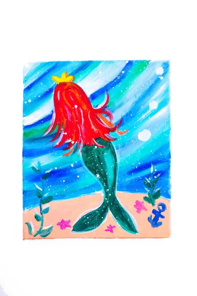 Mermaid Aquarelle Oil Painting Canvas Picture Isolated White Background — Stock Photo, Image