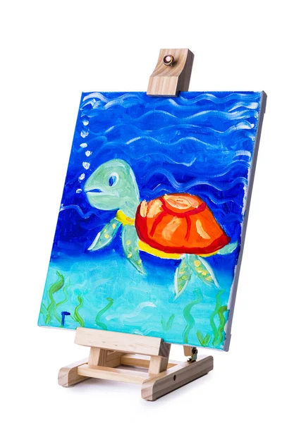 キャンバスに描かれた油彩画の太陽光線と深海のカメの水中 三脚の写真 — ストック写真