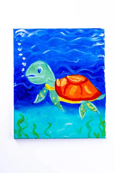 浅海中的海龟宝宝 油画中的阳光在帆布上画着 — 图库照片