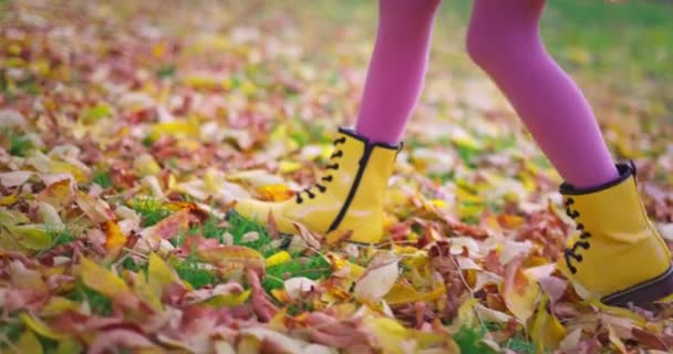 Happy Carefree Girl Yellow Boots Walking Autumn Forest Fallen Leaves — Stock Video