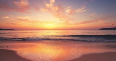 Tropikal okyanus sahili gün doğumu manzaralı renkli bulutlar, dalgalar, güneş ışınları ve uçan özgürlük kuşları hdr. 4K video