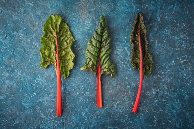 İsviçre Gökkuşağı Pazarı, gümüş pancar veya kır mavisi dokulu arka plan üzerine mangold