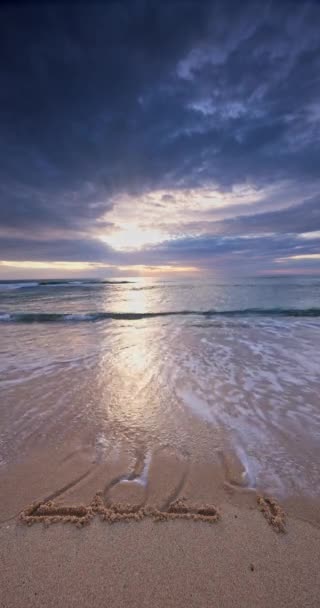 New Year 2024 Text Sea Sand Beautiful Beach Sunrise Vertical — Stock Video