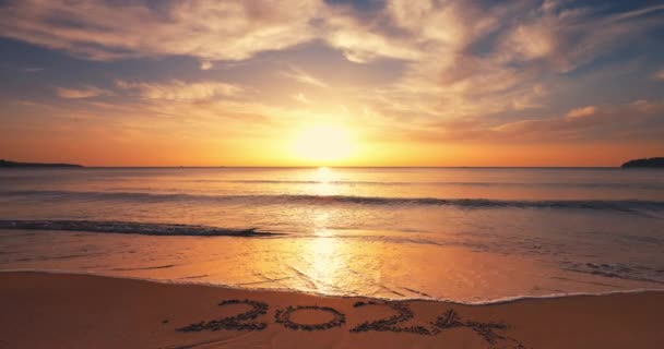 2024年新年文字在沙滩上与美丽的海滩日出垂直视频 — 图库视频影像