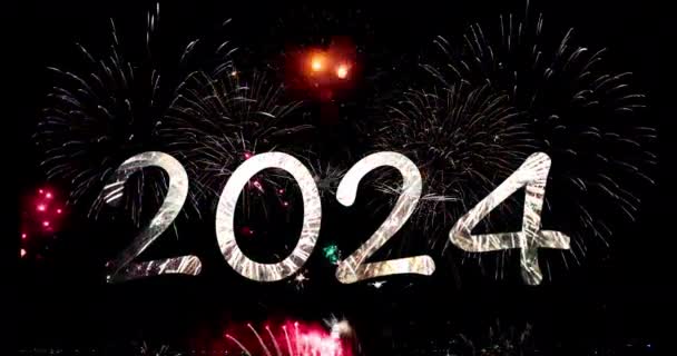 Sparkle Fajerwerki Czarnym Tle Szczęśliwy Nowy Rok 2024 Koncepcja Nocnym — Wideo stockowe