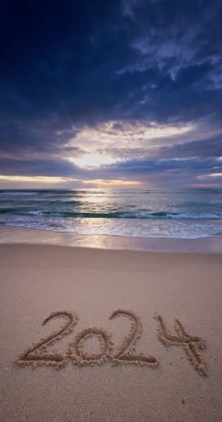 Morning Sea Shore Text New Year 2024 Sea Sand Beach — Stock Video