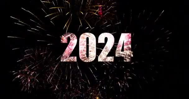 2024 Happy New Year Celebration Fireworks Illumination Midnight Sky Festive — Stock Video
