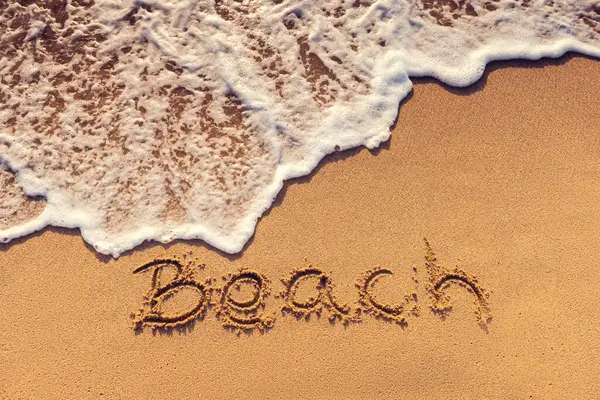 Strand Handgeschreven Tekst Het Zand Van Tropische Eiland Kust Oceaan — Stockfoto