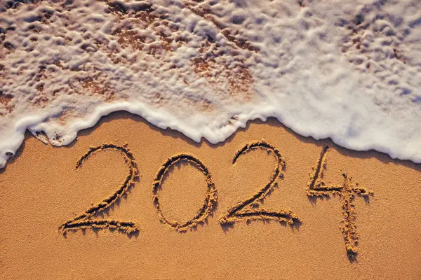Happy New Year 2024 Concept Lettering Beach Written Text Sea — Stock Photo, Image
