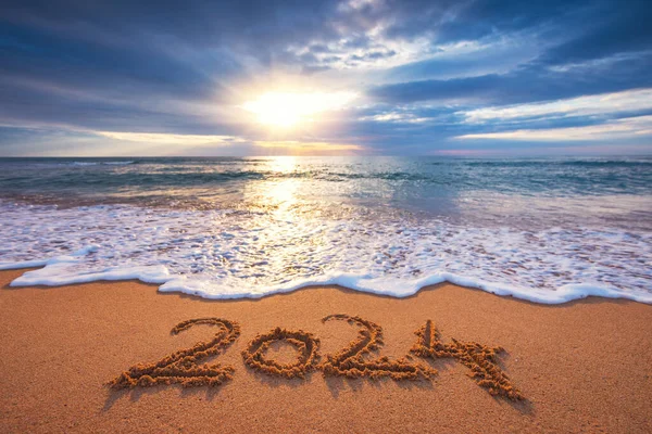 Sea Sunrise Tropical Island Beach Handwritten Text Sand New Year — стоковое фото