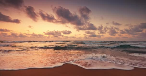 Meer Sonnenaufgang Mit Malerischen Wolken Fliegenden Freiheitsvögeln Und Fließenden Wellen — Stockvideo
