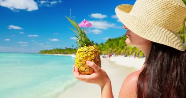 Woman Hat Pina Colada Cocktail Enjoying Caribbean Life Tropical Island — Stock Video
